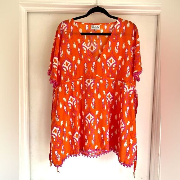 Mud Pie Orange & Pink Adjustable Swimsuit Coverup Size Small Pom Pom Medium - Picture 3 of 6